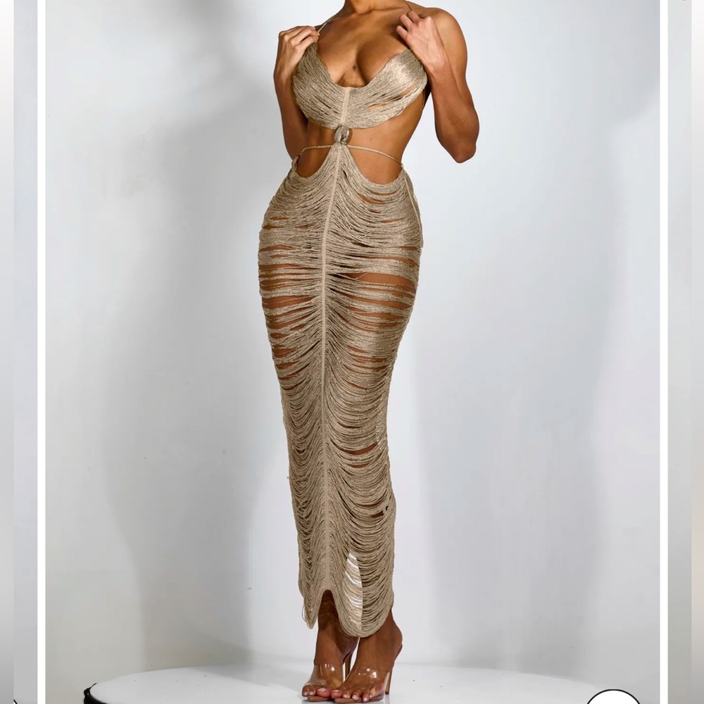 Sexy Plunge Neck Fringe Maxi Dress - small - Picture 2 of 4